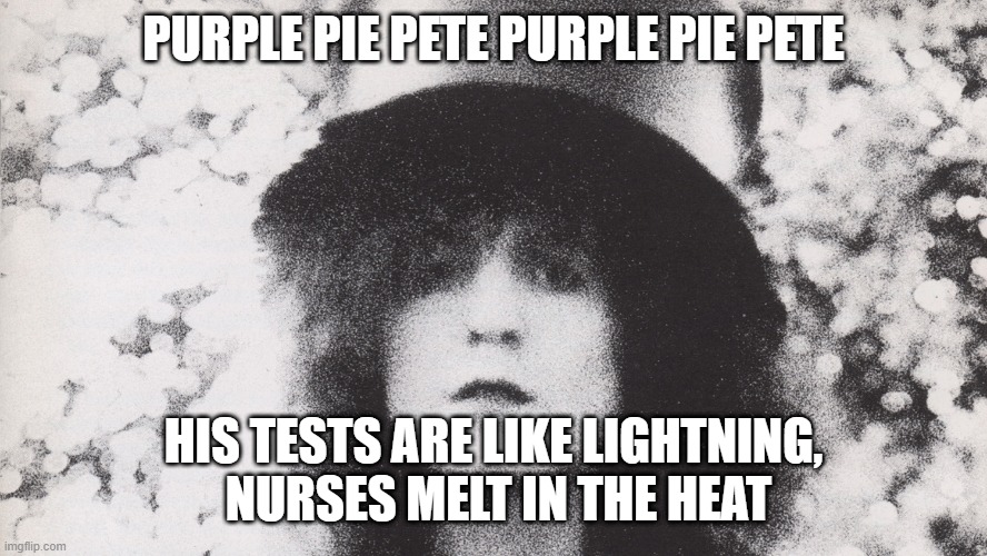 Marc Bolan | PURPLE PIE PETE PURPLE PIE PETE; HIS TESTS ARE LIKE LIGHTNING,  NURSES MELT IN THE HEAT | image tagged in marc bolan | made w/ Imgflip meme maker