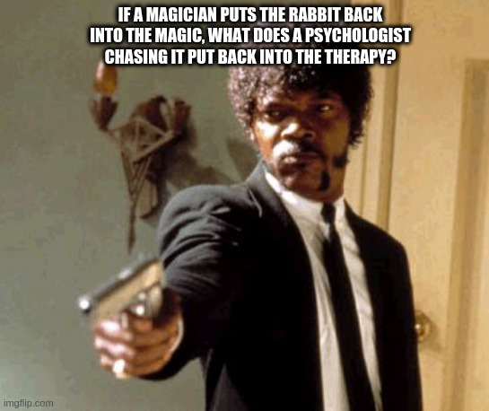 Say That Again I Dare You | IF A MAGICIAN PUTS THE RABBIT BACK INTO THE MAGIC, WHAT DOES A PSYCHOLOGIST CHASING IT PUT BACK INTO THE THERAPY? | image tagged in memes,say that again i dare you | made w/ Imgflip meme maker