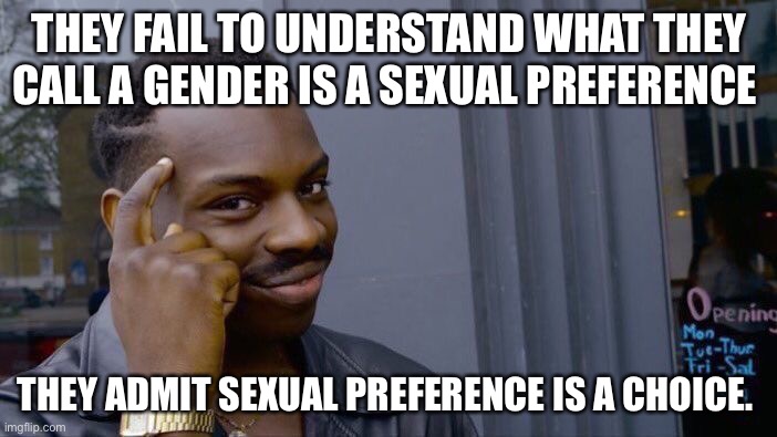 Roll Safe Think About It Meme | THEY FAIL TO UNDERSTAND WHAT THEY CALL A GENDER IS A SEXUAL PREFERENCE THEY ADMIT SEXUAL PREFERENCE IS A CHOICE. | image tagged in memes,roll safe think about it | made w/ Imgflip meme maker