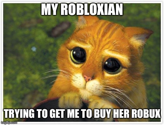 Shrek Cat | MY ROBLOXIAN; TRYING TO GET ME TO BUY HER ROBUX | image tagged in memes,shrek cat | made w/ Imgflip meme maker