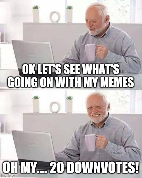 LOL | OK LET'S SEE WHAT'S GOING ON WITH MY MEMES; OH MY.... 20 DOWNVOTES! | image tagged in memes,hide the pain harold | made w/ Imgflip meme maker