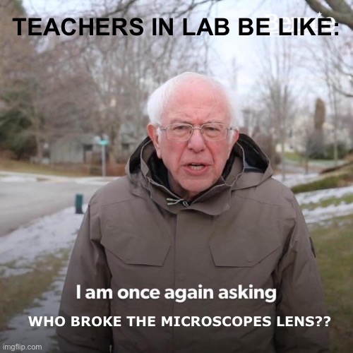 Science | TEACHERS IN LAB BE LIKE:; WHO BROKE THE MICROSCOPES LENS?? | image tagged in memes,bernie i am once again asking for your support | made w/ Imgflip meme maker