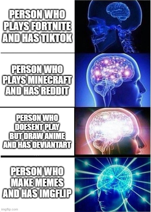 according to the internet | PERSON WHO PLAYS FORTNITE AND HAS TIKTOK; PERSON WHO PLAYS MINECRAFT AND HAS REDDIT; PERSON WHO DOESENT PLAY BUT DRAW ANIME AND HAS DEVIANTART; PERSON WHO MAKE MEMES AND HAS IMGFLIP | image tagged in memes,expanding brain | made w/ Imgflip meme maker