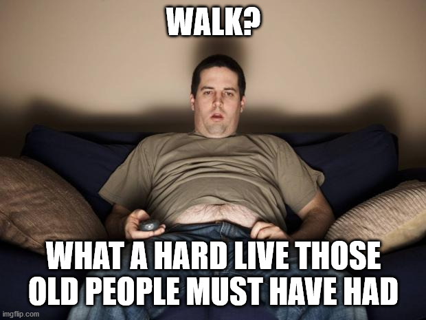 lazy fat guy on the couch | WALK? WHAT A HARD LIVE THOSE OLD PEOPLE MUST HAVE HAD | image tagged in lazy fat guy on the couch | made w/ Imgflip meme maker