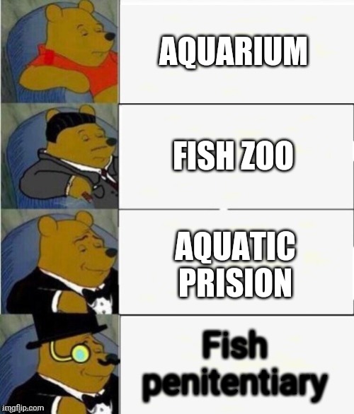 Tuxedo Winnie the Pooh 4 panel | AQUARIUM; FISH ZOO; AQUATIC PRISION; Fish penitentiary | image tagged in tuxedo winnie the pooh 4 panel | made w/ Imgflip meme maker