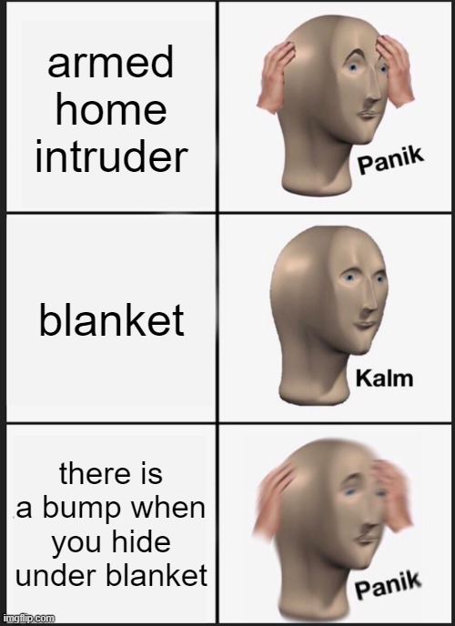 Panik Kalm Panik Meme | armed home intruder; blanket; there is a bump when you hide under blanket | image tagged in memes,panik kalm panik | made w/ Imgflip meme maker