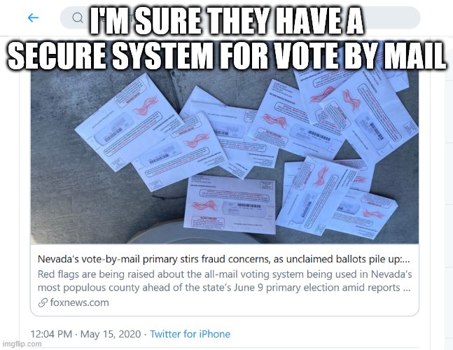 Mail-in Ballots Secure | I'M SURE THEY HAVE A SECURE SYSTEM FOR VOTE BY MAIL | image tagged in voter fraud,mail-in ballots,2020 elections | made w/ Imgflip meme maker