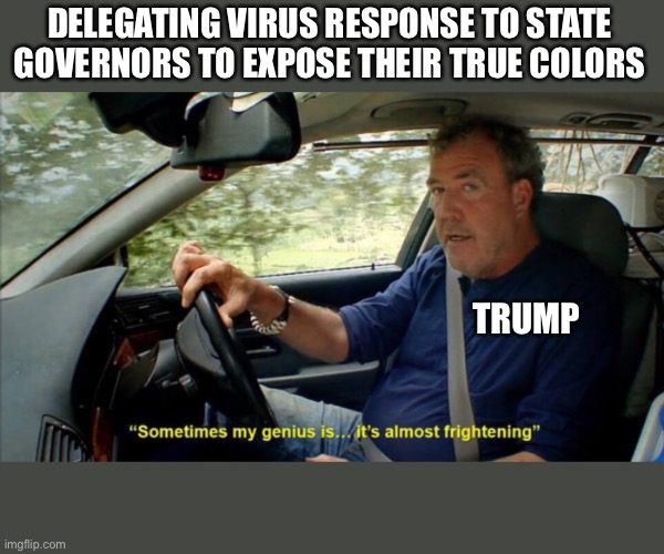 Where true leadership shows | DELEGATING VIRUS RESPONSE TO STATE GOVERNORS TO EXPOSE THEIR TRUE COLORS; TRUMP | image tagged in sometimes my genius is it's almost frightening | made w/ Imgflip meme maker