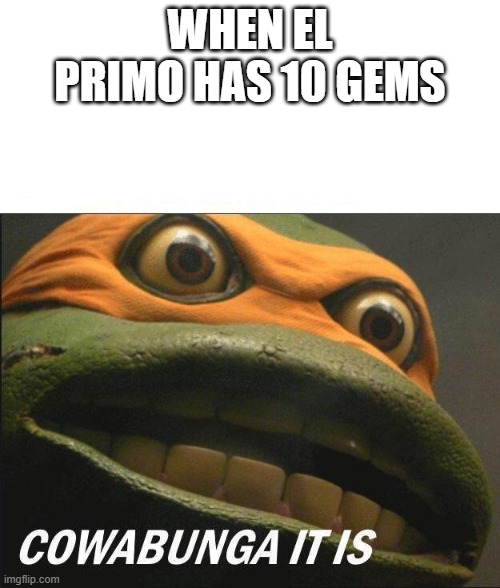 ellllllllllllllllllllllllllllllll primo!!!!!!!!!!!!!!!!!!! | WHEN EL PRIMO HAS 10 GEMS | image tagged in cowabunga it is | made w/ Imgflip meme maker