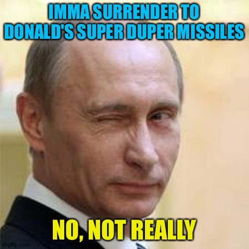 Not really | IMMA SURRENDER TO DONALD'S SUPER DUPER MISSILES; NO, NOT REALLY | image tagged in putin winking | made w/ Imgflip meme maker