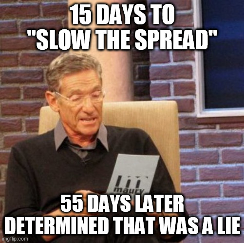 Maury Lie Detector |  15 DAYS TO "SLOW THE SPREAD"; 55 DAYS LATER DETERMINED THAT WAS A LIE | image tagged in memes,maury lie detector | made w/ Imgflip meme maker