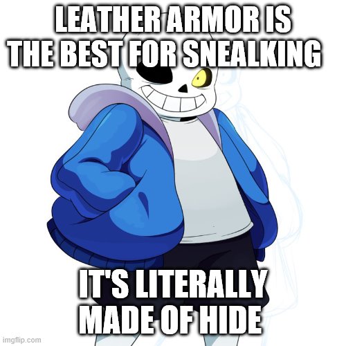 Sans Undertale |  LEATHER ARMOR IS THE BEST FOR SNEALKING; IT'S LITERALLY MADE OF HIDE | image tagged in sans undertale | made w/ Imgflip meme maker