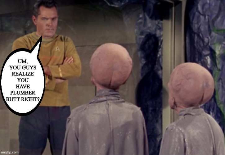 Talosians Need Head Pants | UM, YOU GUYS REALIZE YOU HAVE PLUMBER BUTT RIGHT? | image tagged in star trek aliens | made w/ Imgflip meme maker