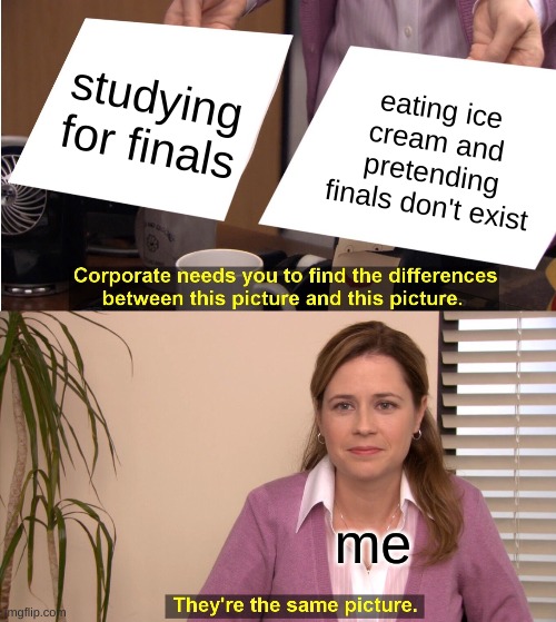 me during finals be like | studying for finals; eating ice cream and pretending finals don't exist; me | image tagged in memes,they're the same picture | made w/ Imgflip meme maker