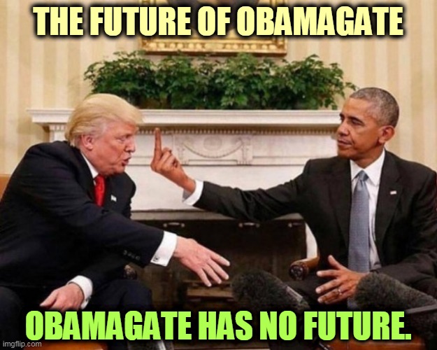 Trump is a desperate, insane man. If he thinks he's going to win a slanging contest with Obama, he's gonna get shredded. | THE FUTURE OF OBAMAGATE; OBAMAGATE HAS NO FUTURE. | image tagged in the future of obamagate - obama finger trump,obama,bird,trump | made w/ Imgflip meme maker