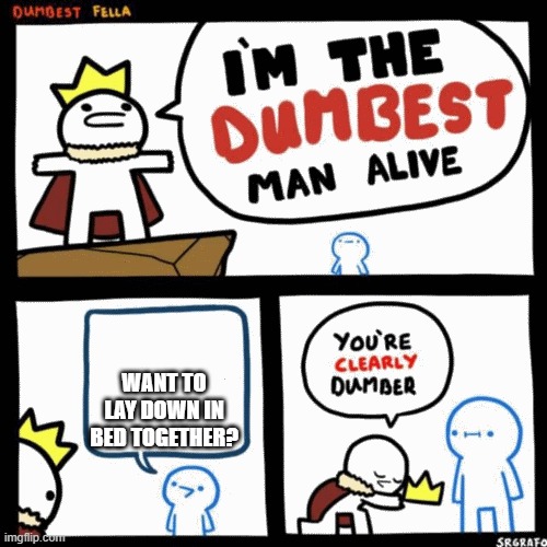 I'm the dumbest man alive | WANT TO LAY DOWN IN BED TOGETHER? | image tagged in i'm the dumbest man alive | made w/ Imgflip meme maker