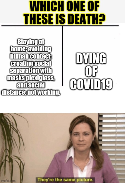 Let's call it like it is. | WHICH ONE OF THESE IS DEATH? Staying at home; avoiding human contact; creating social separation with masks plexiglass, and social distance; not working. DYING OF COVID19 | image tagged in comparison table,corporate needs you to find the differences,death,covid-19,coronavirus,covid 19 | made w/ Imgflip meme maker