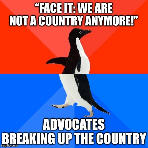 Despite our differences, we don’t need to break up the country. We just need to restore patriotism and common sense. | “FACE IT: WE ARE NOT A COUNTRY ANYMORE!”; ADVOCATES BREAKING UP THE COUNTRY | image tagged in memes,socially awesome awkward penguin,civil war,america,conservative logic,government | made w/ Imgflip meme maker