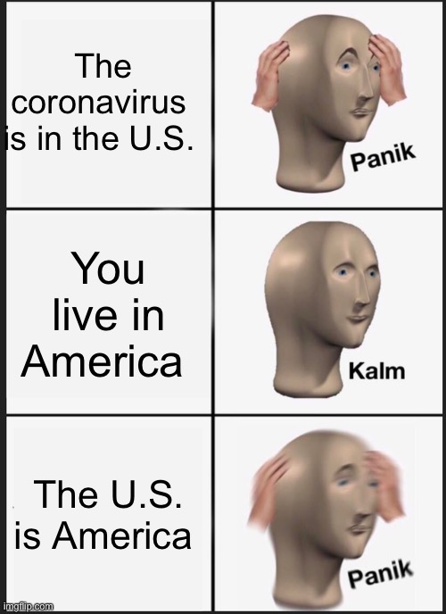 The coronavirus is in America | The coronavirus is in the U.S. You live in America; The U.S. is America | image tagged in memes,panik kalm panik | made w/ Imgflip meme maker