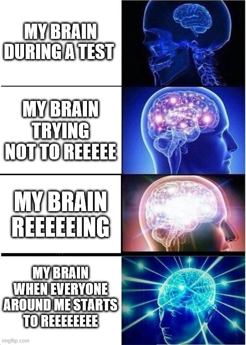 Expanding Brain | MY BRAIN DURING A TEST; MY BRAIN TRYING NOT TO REEEEE; MY BRAIN REEEEEING; MY BRAIN WHEN EVERYONE AROUND ME STARTS TO REEEEEEEE | image tagged in memes,expanding brain | made w/ Imgflip meme maker