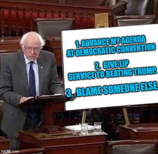 A Plan With Priorities | 1. ADVANCE MY AGENDA AT DEMOCRATIC CONVENTION; 2.  GIVE LIP SERVICE TO BEATING TRUMP. 3.  BLAME SOMEONE ELSE. | image tagged in bernie sanders poster | made w/ Imgflip meme maker