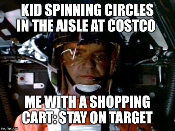 I’m not moving | KID SPINNING CIRCLES IN THE AISLE AT COSTCO; ME WITH A SHOPPING CART: STAY ON TARGET | image tagged in stay on target | made w/ Imgflip meme maker
