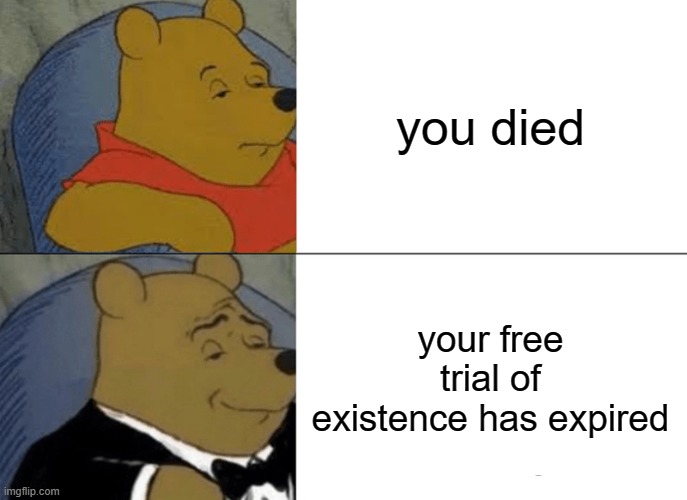 Tuxedo Winnie The Pooh Meme | you died; your free trial of existence has expired | image tagged in memes,tuxedo winnie the pooh | made w/ Imgflip meme maker