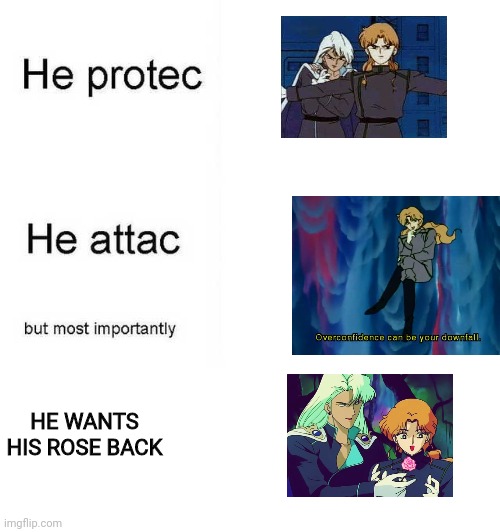 He protec he attac but most importantly | HE WANTS HIS ROSE BACK | image tagged in he protec he attac but most importantly,sailor moon | made w/ Imgflip meme maker