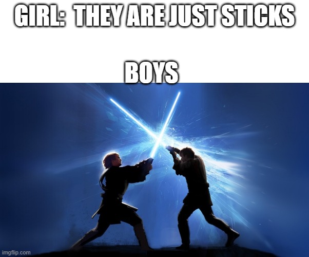 girls vs. boys | GIRL:  THEY ARE JUST STICKS; BOYS | image tagged in meme,starwars | made w/ Imgflip meme maker