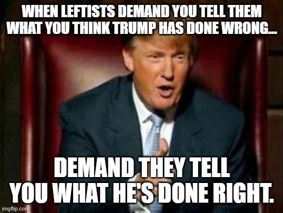 The Fallacy Of "You Think He Can Do No Wrong!!" | WHEN LEFTISTS DEMAND YOU TELL THEM WHAT YOU THINK TRUMP HAS DONE WRONG... DEMAND THEY TELL YOU WHAT HE'S DONE RIGHT. | image tagged in donald trump | made w/ Imgflip meme maker