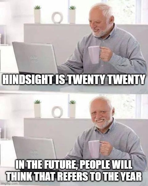 Hindsight | HINDSIGHT IS TWENTY TWENTY; IN THE FUTURE, PEOPLE WILL THINK THAT REFERS TO THE YEAR | image tagged in memes,hide the pain harold | made w/ Imgflip meme maker