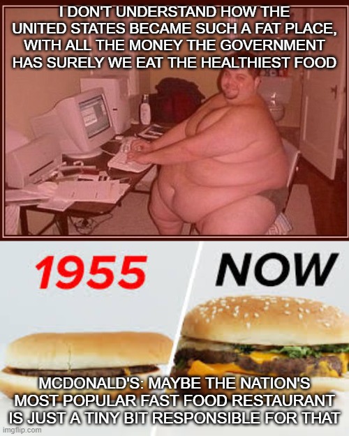 Why is America so fat | I DON'T UNDERSTAND HOW THE UNITED STATES BECAME SUCH A FAT PLACE, WITH ALL THE MONEY THE GOVERNMENT HAS SURELY WE EAT THE HEALTHIEST FOOD; MCDONALD'S: MAYBE THE NATION'S MOST POPULAR FAST FOOD RESTAURANT IS JUST A TINY BIT RESPONSIBLE FOR THAT | image tagged in obese guy,mcdonalds,usa,united states,america,food | made w/ Imgflip meme maker