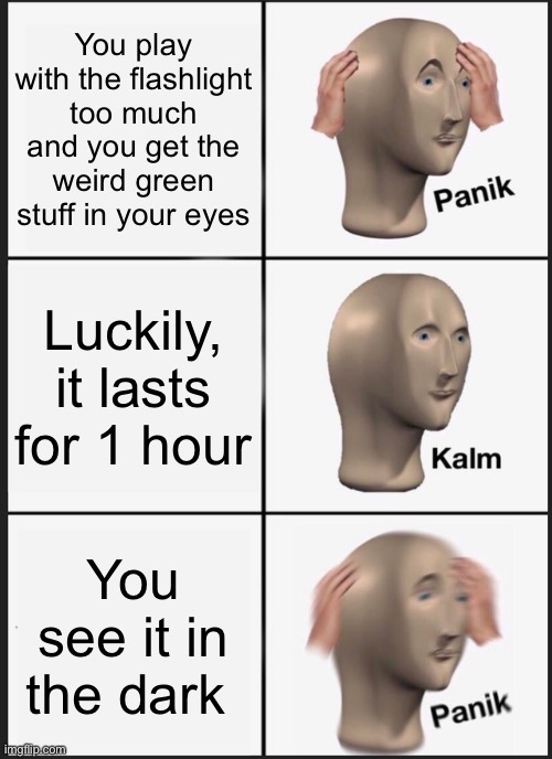 Panik Kalm Panik | You play with the flashlight too much and you get the weird green stuff in your eyes; Luckily, it lasts for 1 hour; You see it in the dark | image tagged in memes,panik kalm panik | made w/ Imgflip meme maker