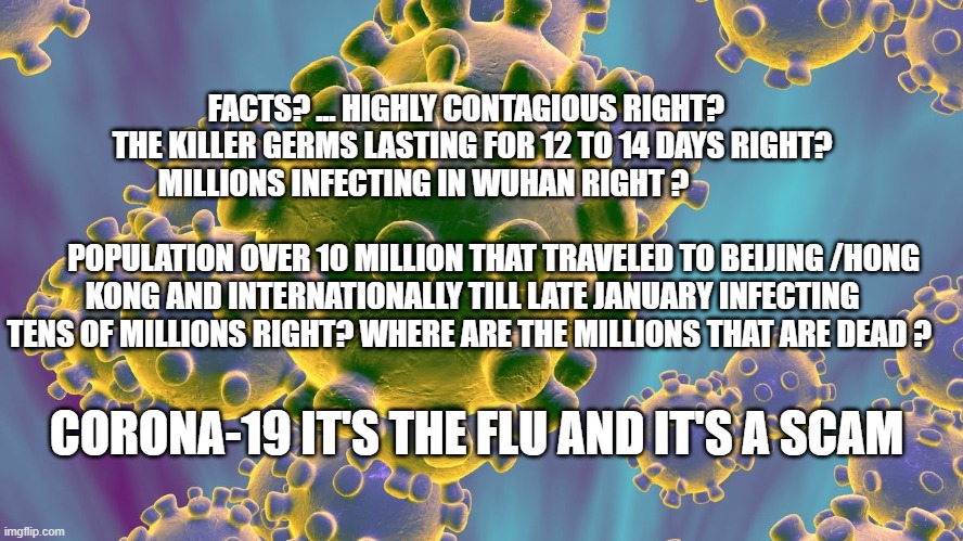 Carona Virus | FACTS? ... HIGHLY CONTAGIOUS RIGHT?   THE KILLER GERMS LASTING FOR 12 TO 14 DAYS RIGHT? MILLIONS INFECTING IN WUHAN RIGHT ?                                                  
       POPULATION OVER 10 MILLION THAT TRAVELED TO BEIJING /HONG KONG AND INTERNATIONALLY TILL LATE JANUARY INFECTING TENS OF MILLIONS RIGHT? WHERE ARE THE MILLIONS THAT ARE DEAD ? CORONA-19 IT'S THE FLU AND IT'S A SCAM | image tagged in carona virus | made w/ Imgflip meme maker