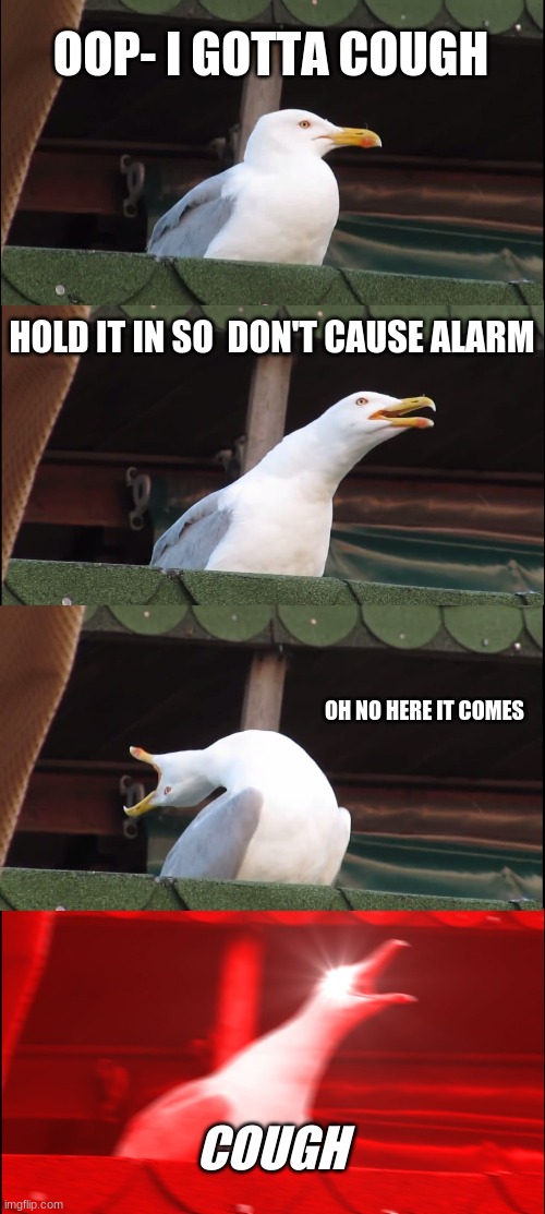 Inhaling Seagull | OOP- I GOTTA COUGH; HOLD IT IN SO  DON'T CAUSE ALARM; OH NO HERE IT COMES; COUGH | image tagged in memes,inhaling seagull | made w/ Imgflip meme maker