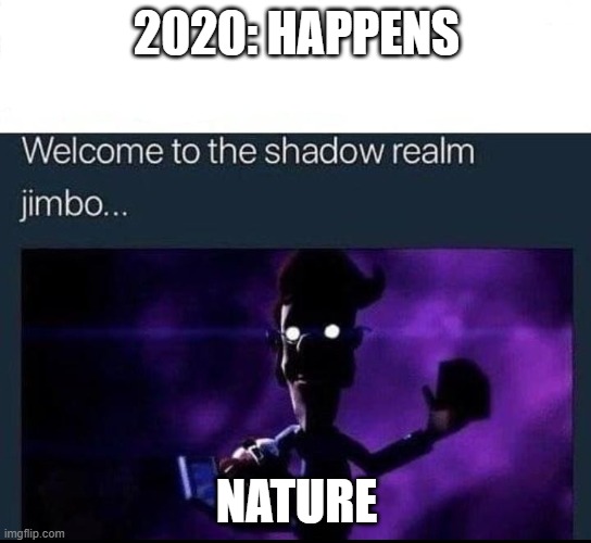 Welcome to the Shadow Realm Jimbo | 2020: HAPPENS; NATURE | image tagged in welcome to the shadow realm jimbo | made w/ Imgflip meme maker
