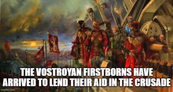 THE VOSTROYAN FIRSTBORNS HAVE ARRIVED TO LEND THEIR AID IN THE CRUSADE | made w/ Imgflip meme maker