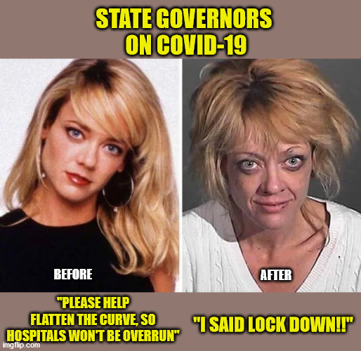 The changing narrative. From "Hospitals" to "Save Lives". | STATE GOVERNORS 
ON COVID-19; BEFORE; AFTER; "PLEASE HELP FLATTEN THE CURVE, SO HOSPITALS WON'T BE OVERRUN"; "I SAID LOCK DOWN!!" | image tagged in covid-19,bill of rights,constitution,pandemic,memes,hysteria | made w/ Imgflip meme maker