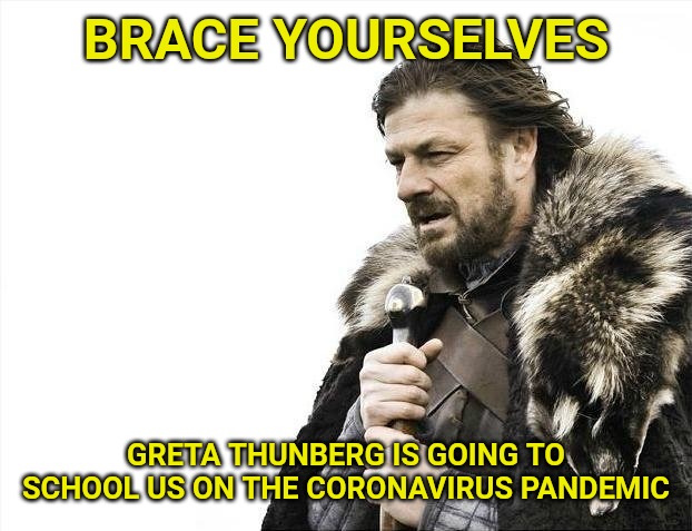 Cause she's an expert on that now, apparently. "How dare you!" | BRACE YOURSELVES; GRETA THUNBERG IS GOING TO SCHOOL US ON THE CORONAVIRUS PANDEMIC | image tagged in memes,brace yourselves x is coming | made w/ Imgflip meme maker