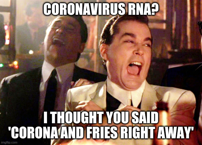 Good Fellas Hilarious | CORONAVIRUS RNA? I THOUGHT YOU SAID 'CORONA AND FRIES RIGHT AWAY' | image tagged in memes,good fellas hilarious | made w/ Imgflip meme maker