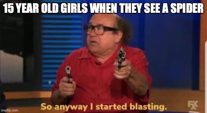 Started blasting | 15 YEAR OLD GIRLS WHEN THEY SEE A SPIDER | image tagged in started blasting,danny devito,girls | made w/ Imgflip meme maker