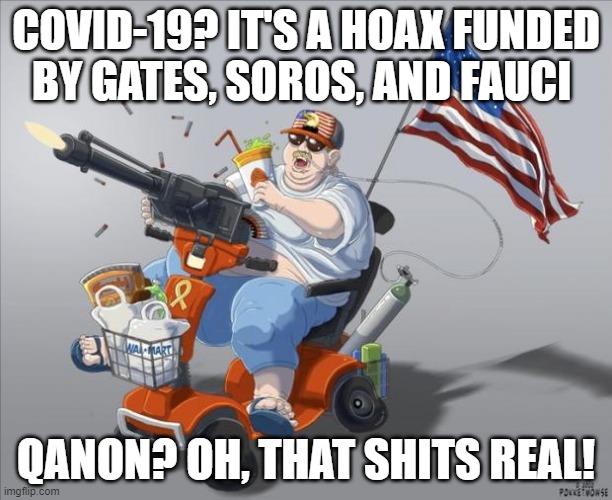 Murica | COVID-19? IT'S A HOAX FUNDED BY GATES, SOROS, AND FAUCI; QANON? OH, THAT SHITS REAL! | image tagged in murica | made w/ Imgflip meme maker