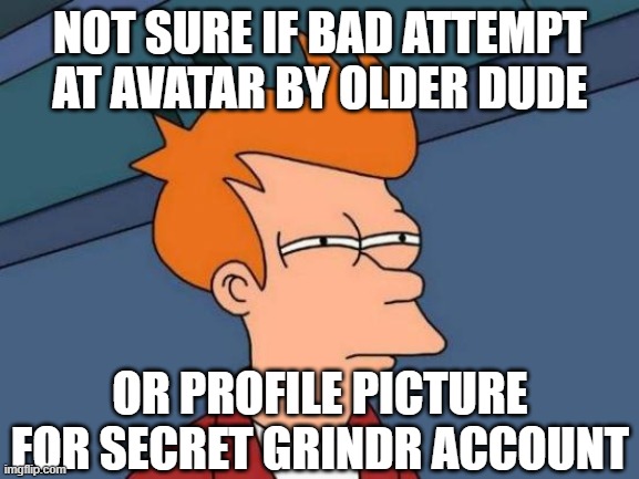 Identical Twinks | NOT SURE IF BAD ATTEMPT AT AVATAR BY OLDER DUDE; OR PROFILE PICTURE FOR SECRET GRINDR ACCOUNT | image tagged in memes,futurama fry,facebook,avatar,grindr | made w/ Imgflip meme maker