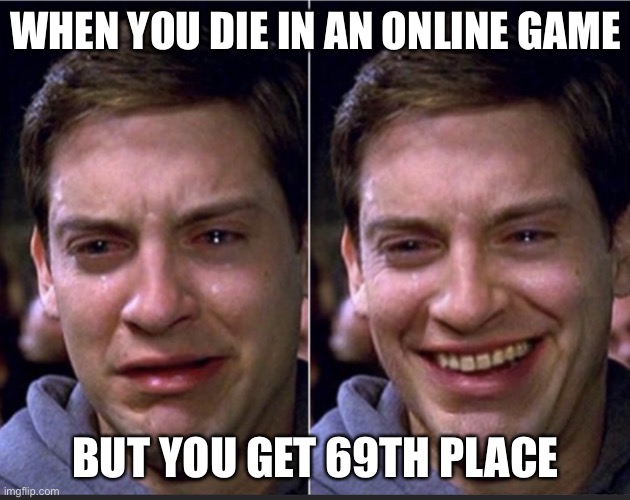 Haha true | WHEN YOU DIE IN AN ONLINE GAME; BUT YOU GET 69TH PLACE | image tagged in peter parker | made w/ Imgflip meme maker