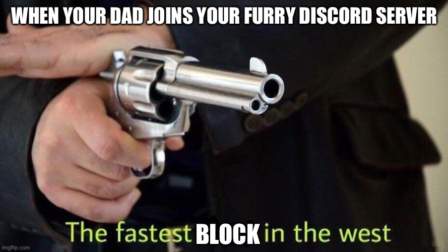 Fastest block in the west | WHEN YOUR DAD JOINS YOUR FURRY DISCORD SERVER; BLOCK | image tagged in fastest draw,memes,furry memes,furry | made w/ Imgflip meme maker