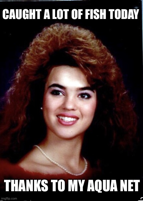 1980s Hair: Aqua Net | CAUGHT A LOT OF FISH TODAY; THANKS TO MY AQUA NET | image tagged in stacey,big hair,hair,funny,aqua net,hairstyle | made w/ Imgflip meme maker