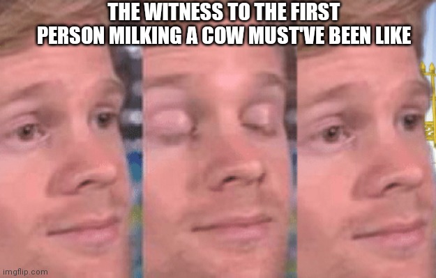 The first person to | THE WITNESS TO THE FIRST PERSON MILKING A COW MUST'VE BEEN LIKE | image tagged in the first person to | made w/ Imgflip meme maker