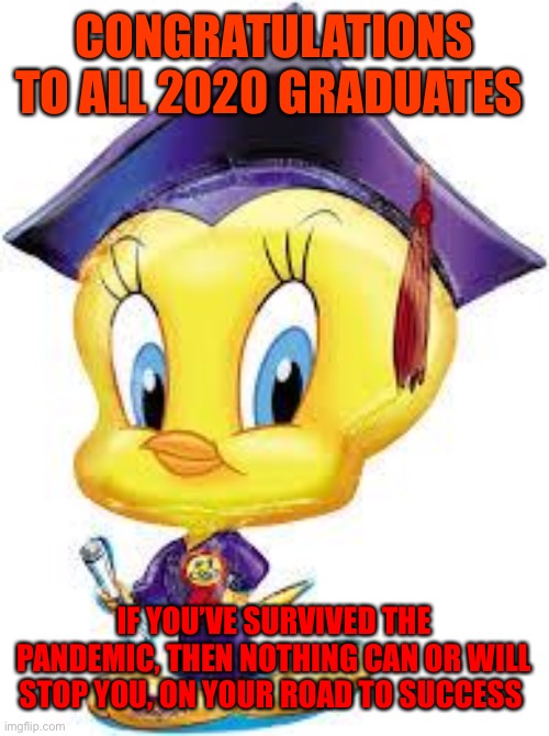 Tweety Bird:  Graduate | CONGRATULATIONS TO ALL 2020 GRADUATES; IF YOU’VE SURVIVED THE PANDEMIC, THEN NOTHING CAN OR WILL STOP YOU, ON YOUR ROAD TO SUCCESS | image tagged in tweety bird graduate | made w/ Imgflip meme maker