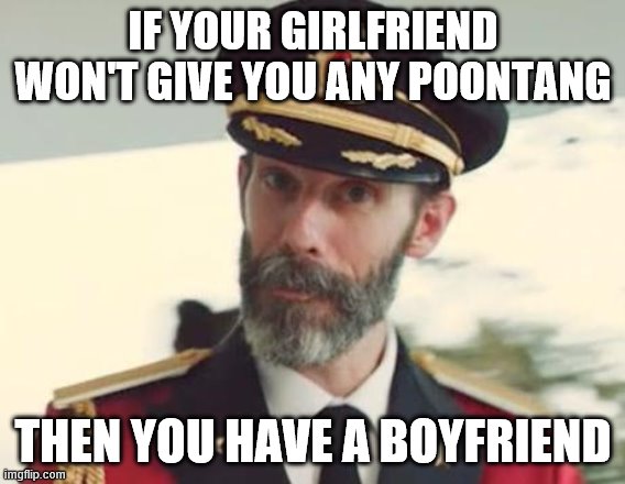 Captain Obvious | IF YOUR GIRLFRIEND WON'T GIVE YOU ANY POONTANG; THEN YOU HAVE A BOYFRIEND | image tagged in captain obvious,boyfriend,friendzone,incel,nice guy | made w/ Imgflip meme maker