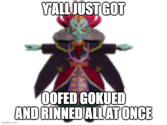 T-Pose God Rinne | Y'ALL JUST GOT OOFED GOKUED AND RINNED ALL AT ONCE | image tagged in t-pose god rinne | made w/ Imgflip meme maker